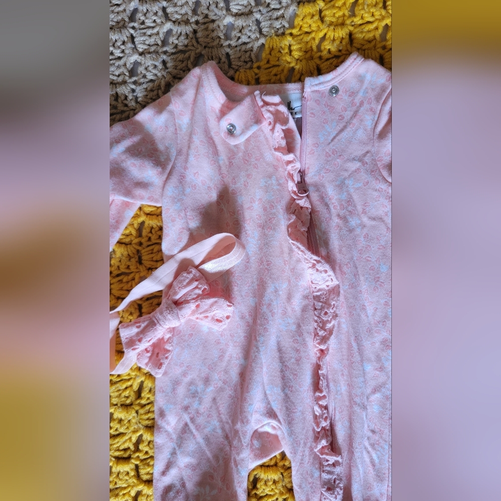 Pink Ruffled One Piece with Headband - Picture 2 of 3